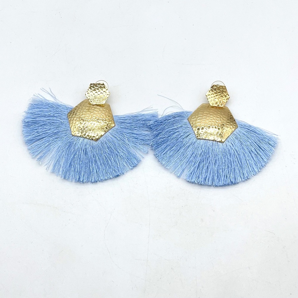 Hammered Gold Geometric Light Blue Fan Tassel‎ Statement Earrings Boho Drop